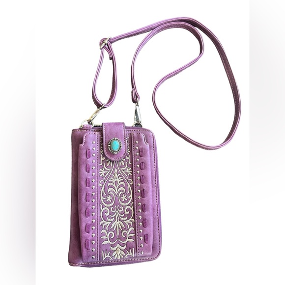 American Bling Purple Leather Crossbody Southwestern Purse Wallet - Picture 3 of 6